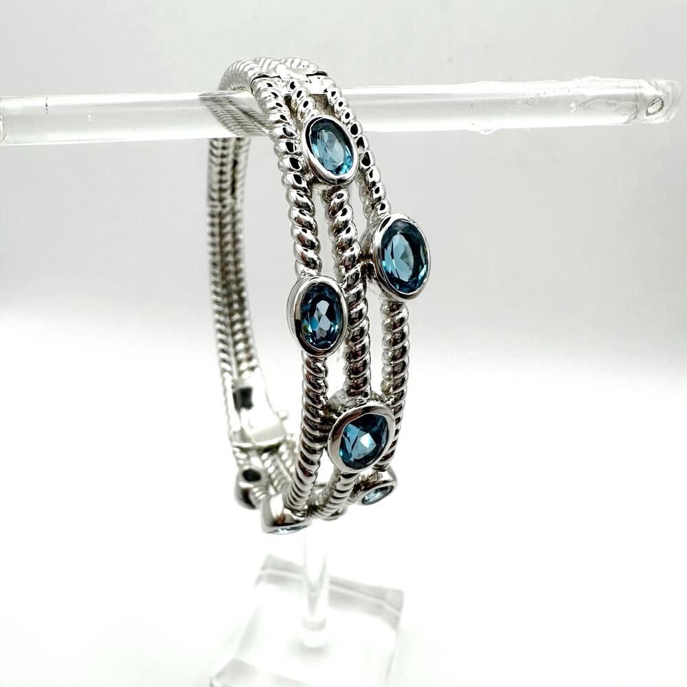 Sterling Silver Bracelet Marked 925 Hinge Bangle Light Blue Stone Jewelry